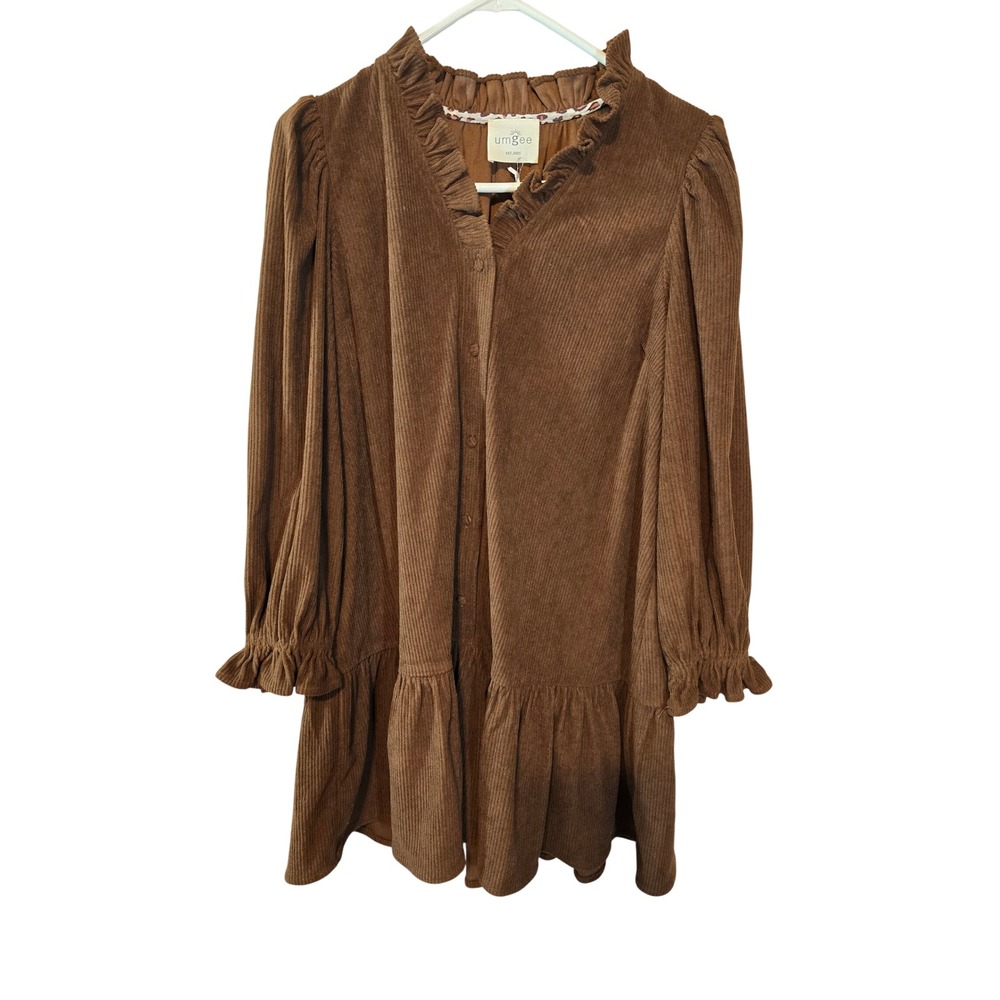 Umgee Brown Corduroy Babydoll Dress Ruffle V-Neck Button Front Tiered Mini Small